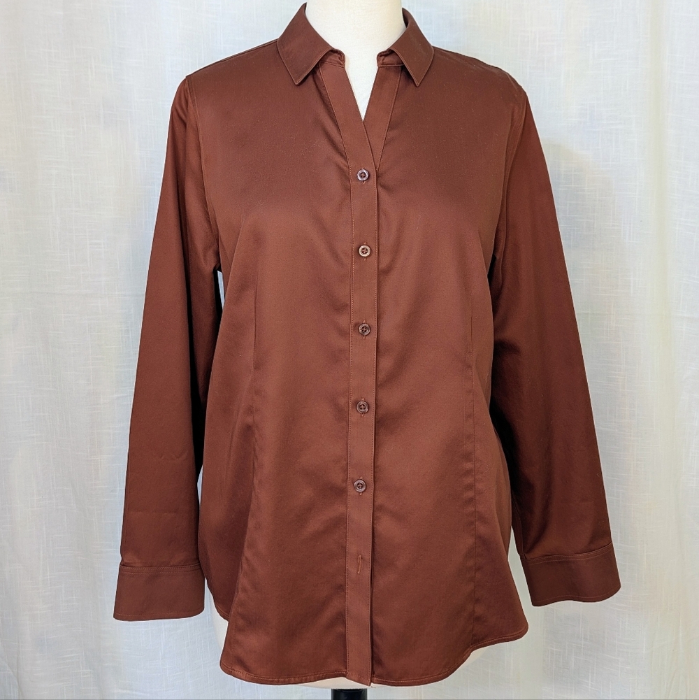 Chico's Non Iron Rich Brown Button-Down Shirt Size 8